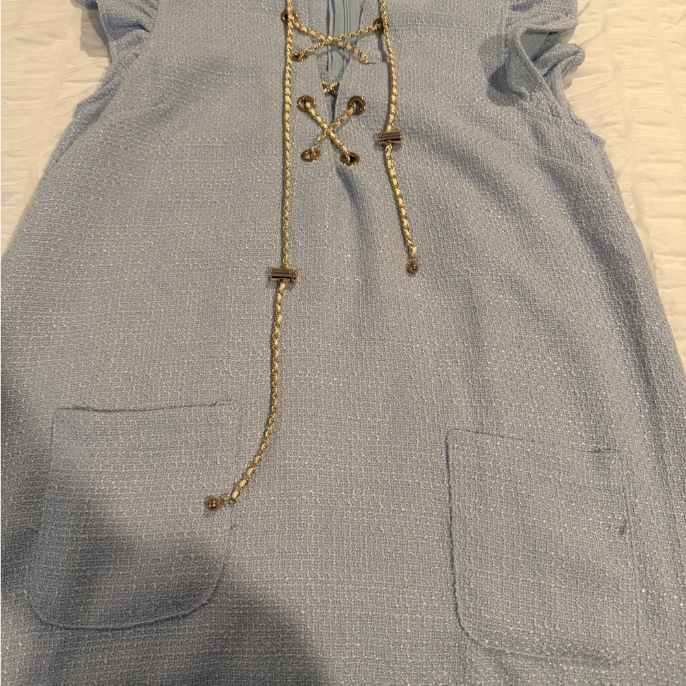 Light Blue Textured Lace-Up Dress with Gold Rope Detail